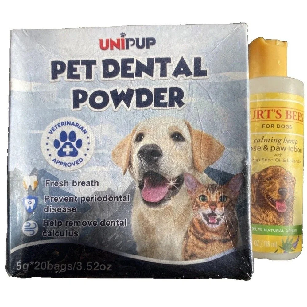 Teeth Cleaning Powder Dogs Dental Pets Tartar Remover Burts Calming Palm Lotion